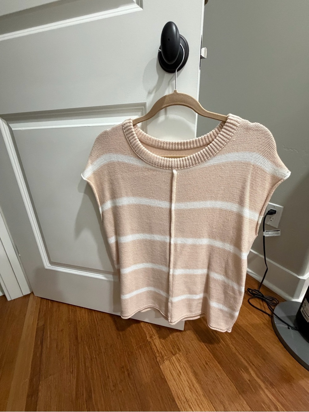 Women’s Short Sleeve Striped Knit Top - Apricot & White
